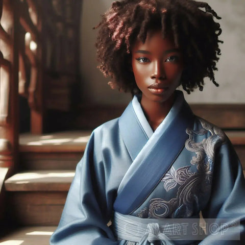 African Daoist Priestess With Natural Hair In Blue Embroidered Robes Ai Artwork