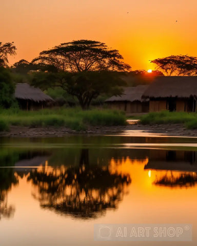 African Village Sunset Landscape Ai Art