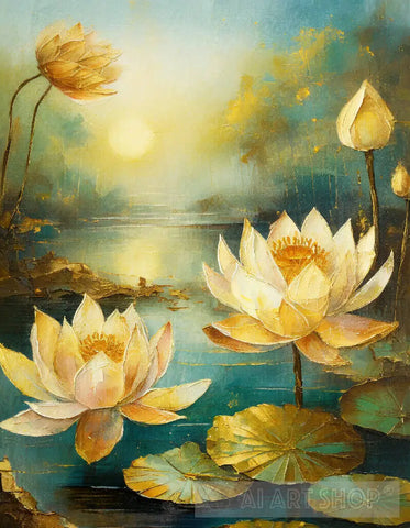 Ai Art Of A Pair Lotus Flower On Calm Lake Ai Painting