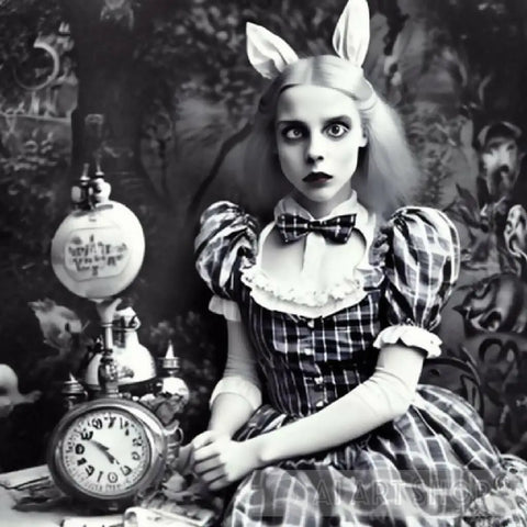 Alice In Wonderland Portrait B&W Ai Artwork