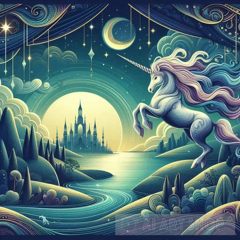 An Enchanting Night With A Unicorn And Castle Animal Ai Art