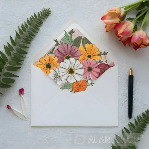 An Envelope Decorated With Blooms And Pen Ai Artwork