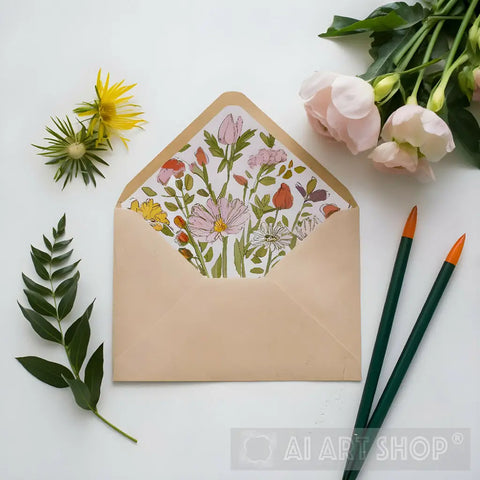 An Envelope Decorated With Flower And Pen Ai Artwork