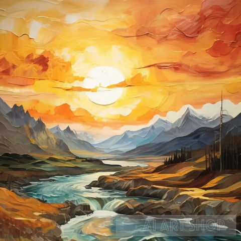 An Exceptional Artistic Design That Embodies The Splendor Of Nature And Sunsets. Landscape Ai Art