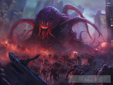 An Intense Sci-Fi Scene Of A Colossal Alien Monster Invading Night City Ai Artwork