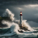 An Intricate Image Of A Lighthouse Standing Tall Amidst Raging Storm With Waves Crashing Against Its