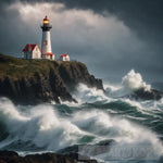 An Intricate Image Of A Lighthouse Standing Tall Amidst Raging Storm With Waves Crashing Against Its