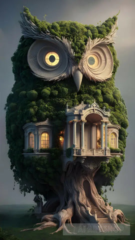 An Owl A Tree And House Animal Ai Art