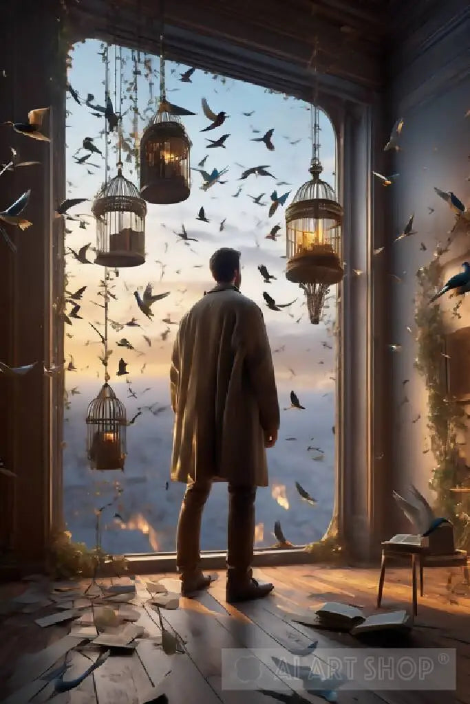 An ultra-high-definition octane rendering capturing birds, hanging ...