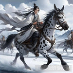 Ancient Chinese Hero Riding A Spotted Horse Through The Snow Ai Artwork