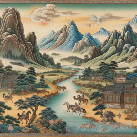 Ancient Chinese Horses And River Painting Ai