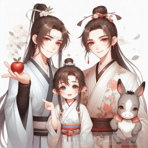 Ancient Chinese Lesbian Couple With Child And Baby Donkey Ai Artwork