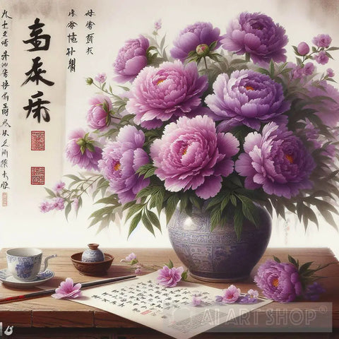 Ancient Chinese Peony Vase Still Life Ai Artwork