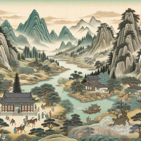 Ancient Chinese Village On A River In The Mountains Ai Artwork