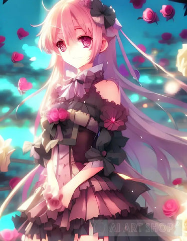 Anime Girl With Pink Hair And Roses Ai Artwork