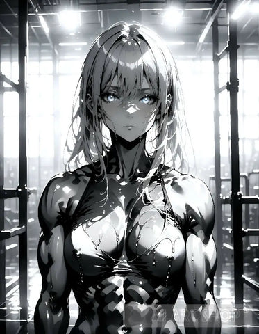 Anime - Portrait Of A Muscular Woman In Black And White Ai Art