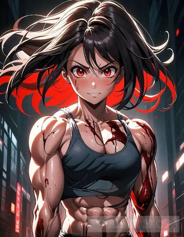 Anime - Young Muscular Girl With Black And Red Hair Blood On Her In A Very Dark City Portrait Ai Art
