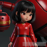 Asian Cute Girl In Red Next To Robot Ai Artwork