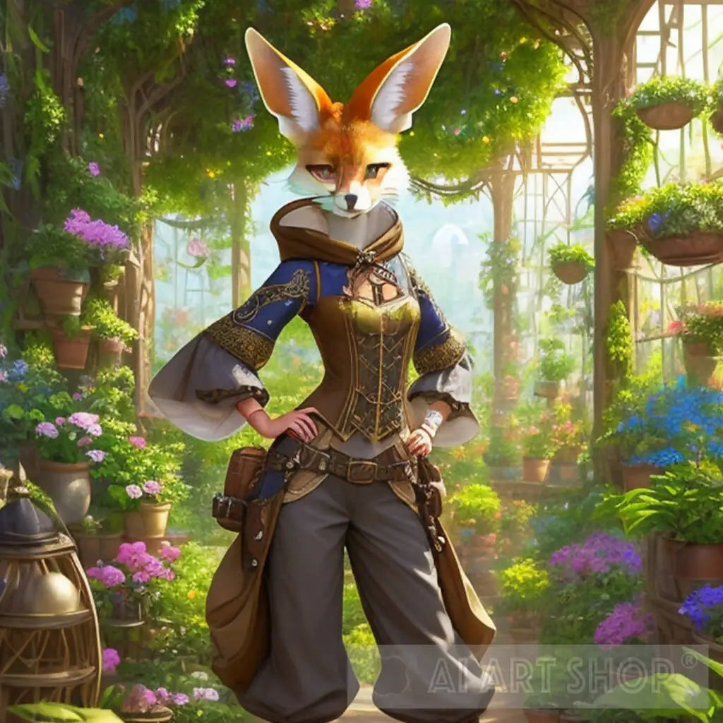 foxkin botanist herbalist anthropomorphic fox greenhouse hanging pl...