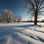 A meadow covered in snow with a few bare trees and a clear blue sky (2)