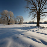 A meadow covered in snow with a few bare trees and a clear blue sky (2)