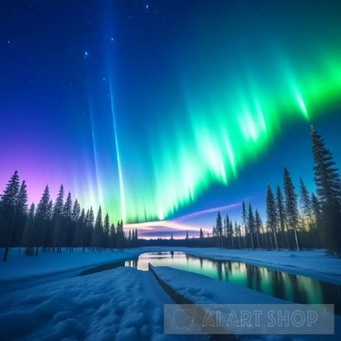 Aurora Borealis Over Tranquil Frozen Lake Ai Artwork