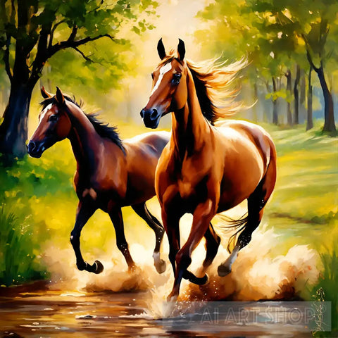 Authentic Arabian Horses In Green Fields. Animal Ai Art