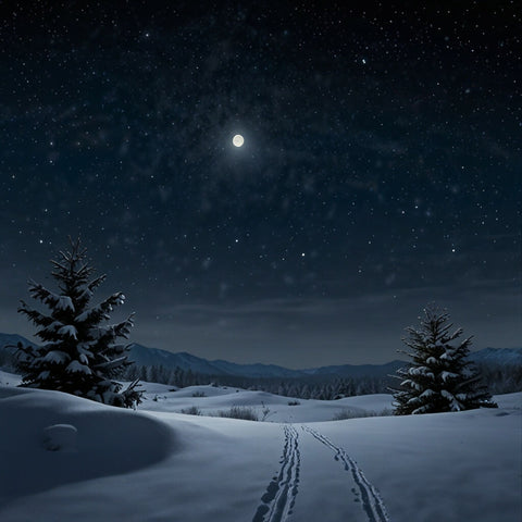 A snowy landscape under a clear, starry night sky with the moon casting a soft glow on the snow (1)