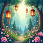 Whimsical Magical Garden with Floating Lanterns Description: