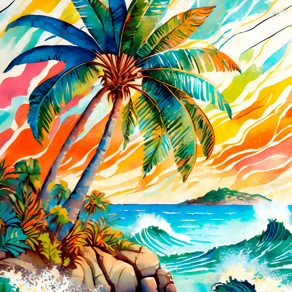 Tropical Sunset Dreamscape AI Art Print - Vibrant Beach Artwork