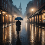 Beautiful scene of a rainy street, with raindrops falling softly on cobblestones