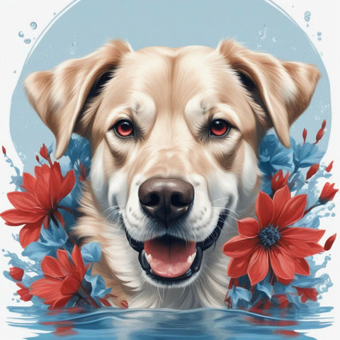 The hyper-realistic illustration of dog with red flowers