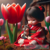 Baby Kimono Girl And Her Cat Ai Painting