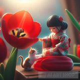 Baby Kimono Girl And Her Cat Ai Painting