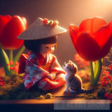 Baby Kimono Girl And Her Cat Ai Painting