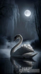 Bathed In Soft Iridescent Moonlight The Swan Glides Gracefully Across A Still Moonlit Pond Its