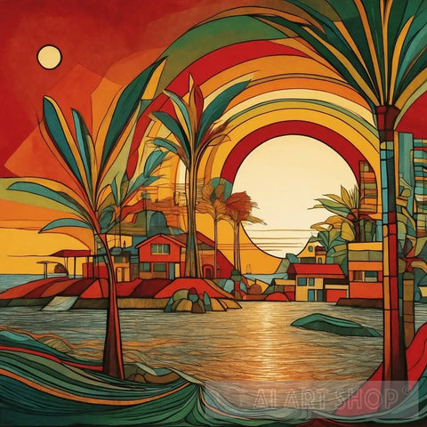 Beach Village Sunset Landscape Ai Art