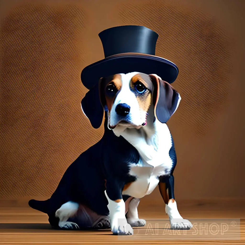 beagle puppy, top hat, artwork, brown background, lifelike portrait...