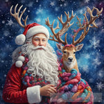 Beautiful And Colorful Drawn Yarn With Santa Claus. The Deer Is White Beautiful Blue Eyes Snow