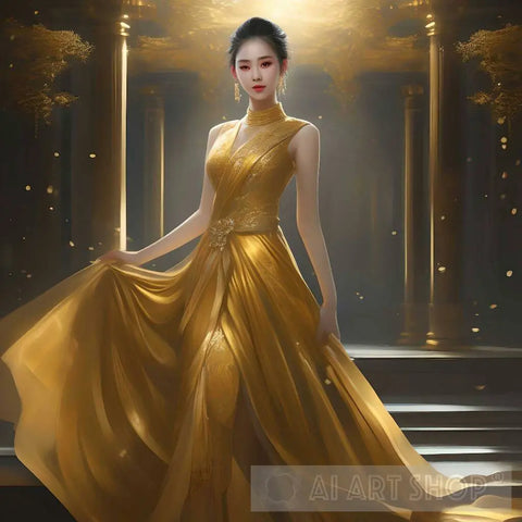Beautiful Asian Girl In Golden Dress Ai Artwork
