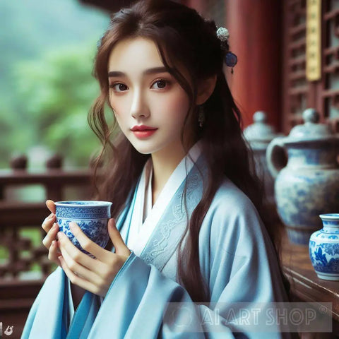 Beautiful Chinese Taoist Priestess Drinking Tea Ai Artwork