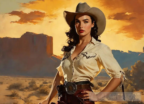 Beautiful Cowgirl At Sunset. Portrait Ai Art