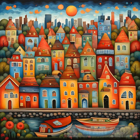 Beautiful Folk Art Cityscape Ai Painting