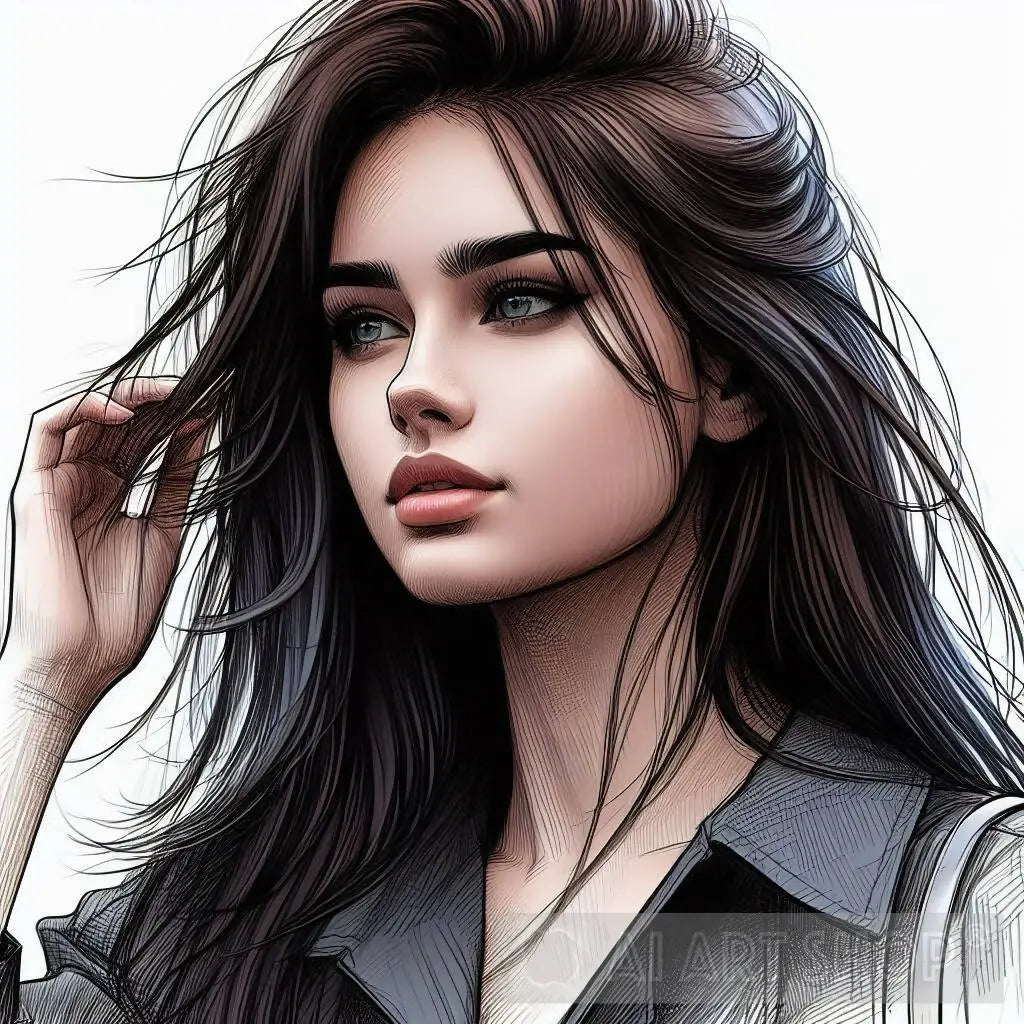 Portrait Draw Beautiful Girl Dark Hair Gray Eyes Open Shirt She 3683