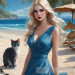 Beautiful Girl With Her Cute Cat On The Beach Ai Painting