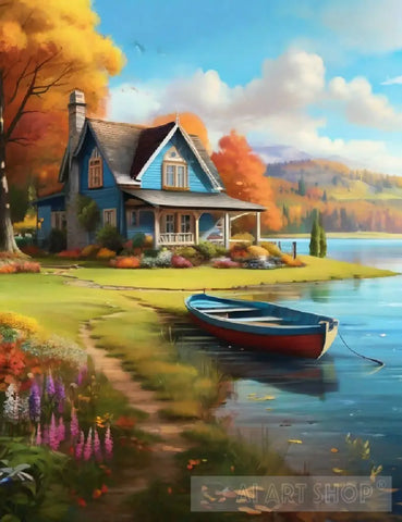 Beautiful Lake And Cottage In The Forest Landscape Ai Art