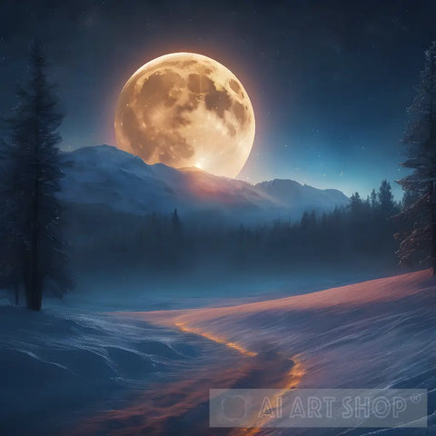 Beautiful Moon In Winter Landscape Ai Art