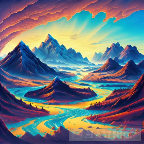 Beautiful Mountains With A River And Icy Tops Landscape Ai Art