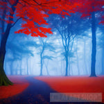 Beautiful Mystical Forest In Blue Fog Autumn. Colorful Landscape With Enchanted Trees Orange And Red