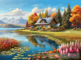 Beautiful Nature Landscape With Lake Cottage And Colorful Maple Trees Ai Art